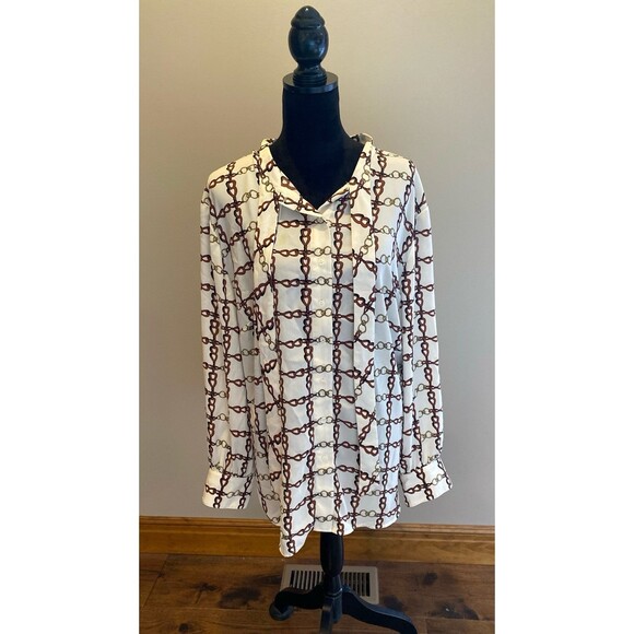 Talbots Chain Link Cream Blouse Size 3X Button Down Tie@ Neck Cuffed Sleeve - Picture 1 of 12